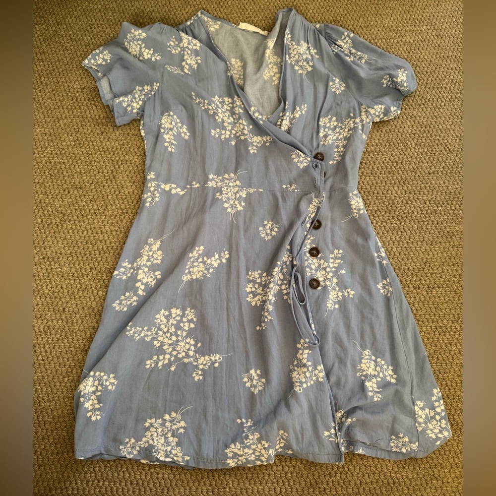 All in Favor Light Blue Floral Wrap Dress
